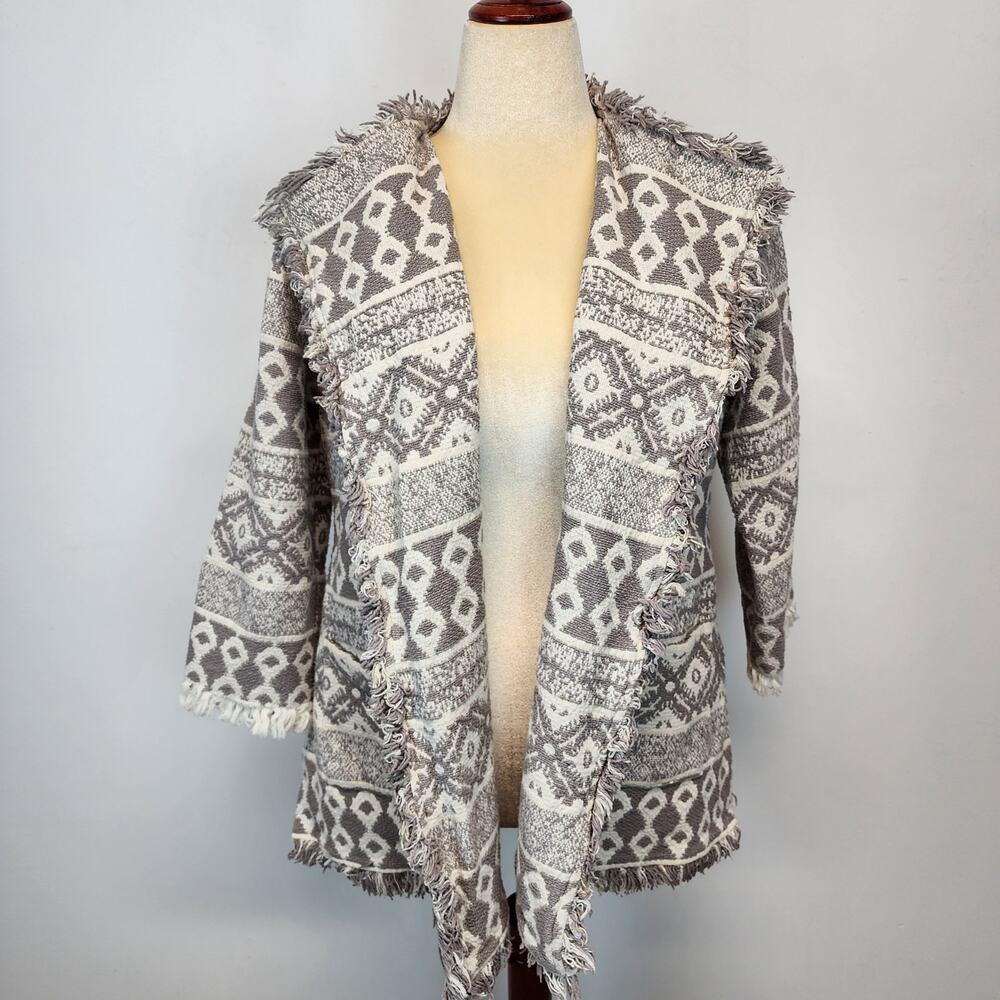 World Market Womens Tapestry Jacket Size S/M Gray Open Shawl Collar Aztec Tribal